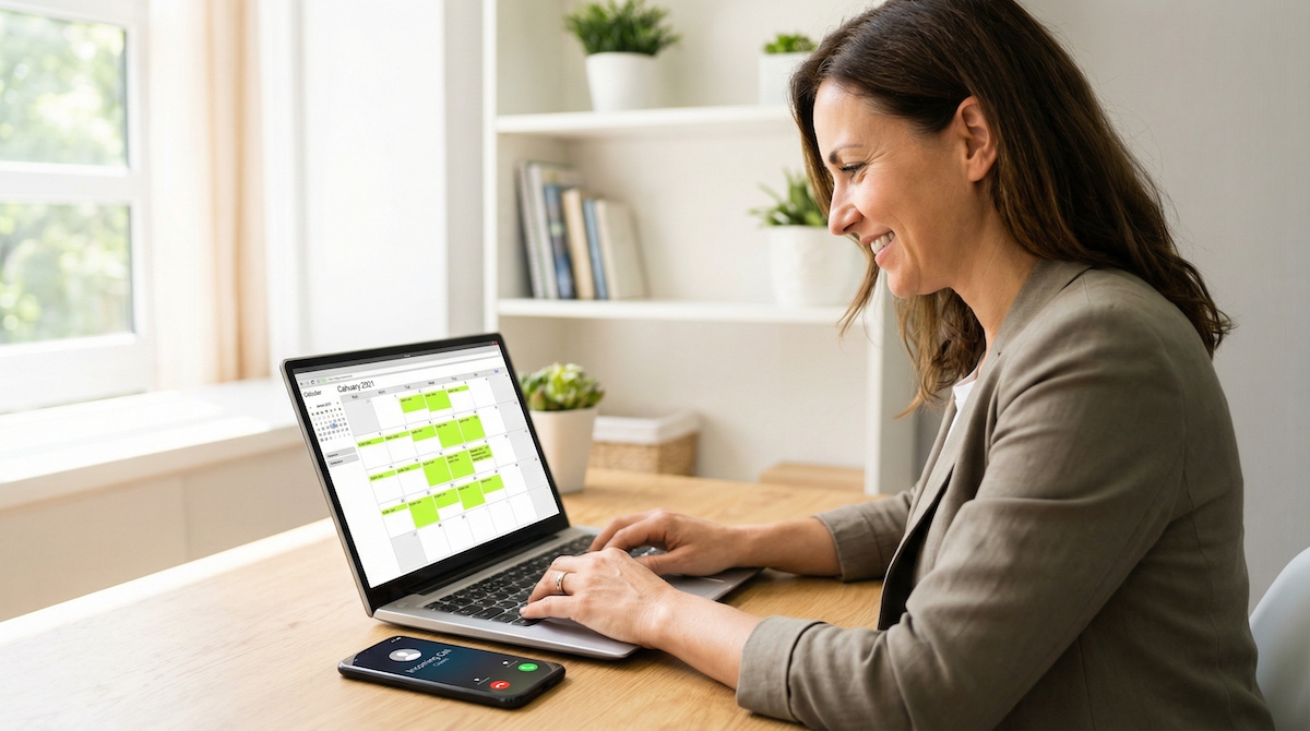 Business owner with a calendar full of appointments booked by AutoCaller AI sales agent