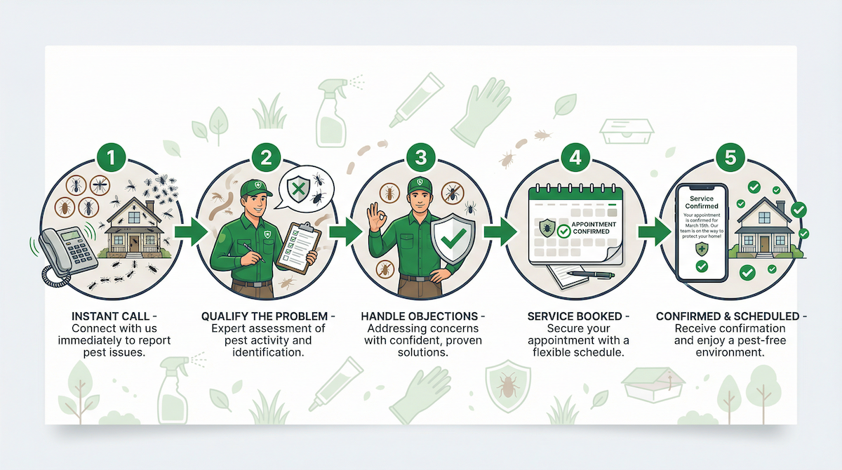 AI booking agent for pest control service — AutoCaller 5-step workflow diagram