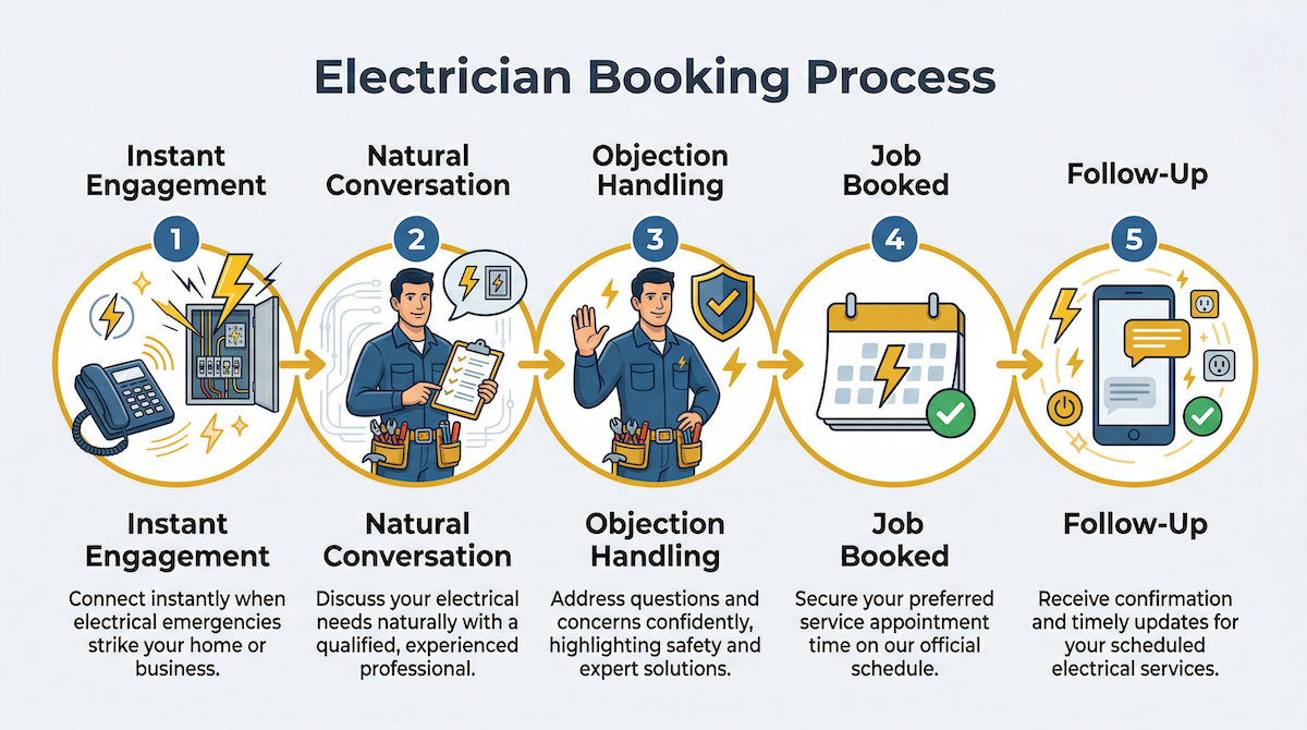 AI sales process for booking electrician leads — AutoCaller 5-step workflow diagram