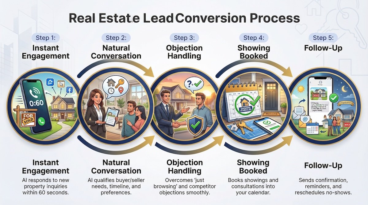 AI sales process for booking real estate appointments — AutoCaller 5-step workflow diagram