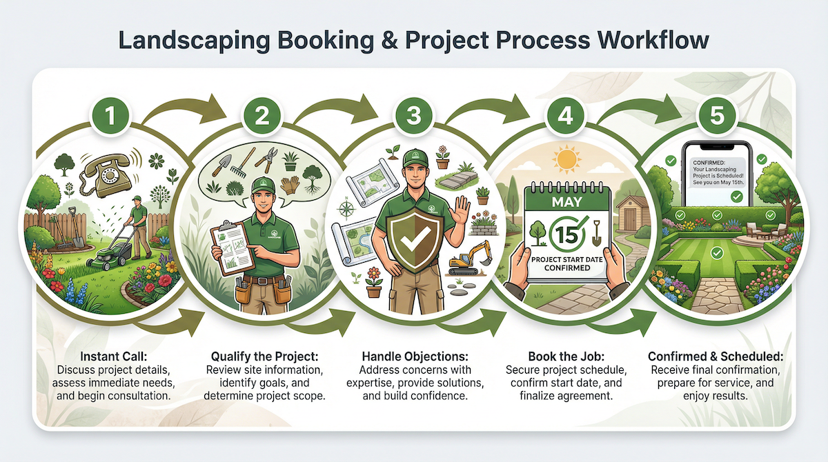 Landscape leads AI scheduler — AutoCaller 5-step booking workflow for landscaping companies
