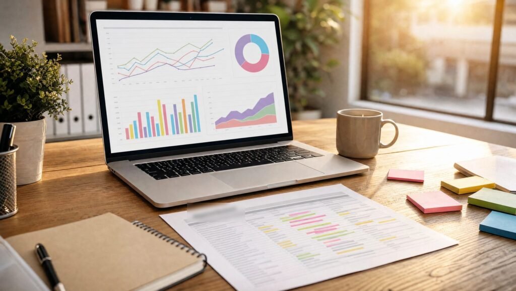 Laptop with an analytics dashboard and a keyword research sheet on a small-business desk